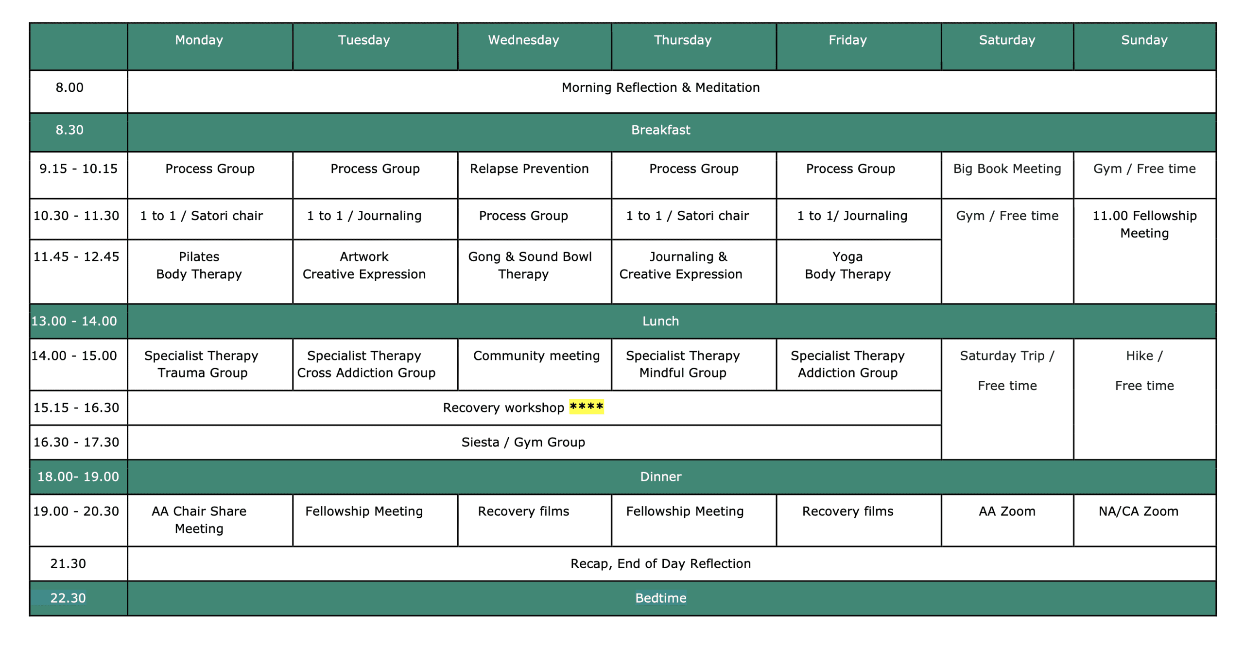 weekly program. Rehab Spain